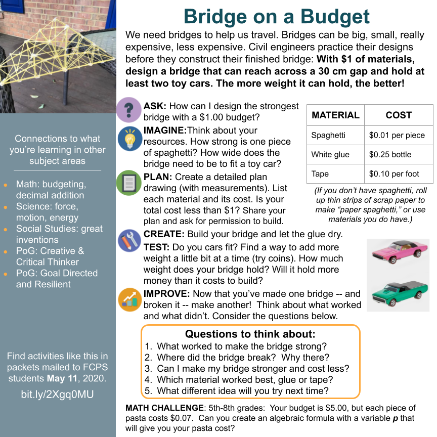 FCPSSTEAM's tweet photo. Who can build the strongest bridge using the least amount of materials? Use @MathematicsFcps to build on a budget and be creative with #FCPSSTEAM #CCTatHome @FCPSfinearts @FCPSScience @prc_fcps https://t.co/lRRiPomF7x