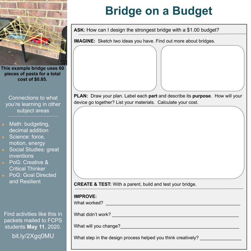 FCPSSTEAM's tweet photo. Who can build the strongest bridge using the least amount of materials? Use @MathematicsFcps to build on a budget and be creative with #FCPSSTEAM #CCTatHome @FCPSfinearts @FCPSScience @prc_fcps https://t.co/lRRiPomF7x