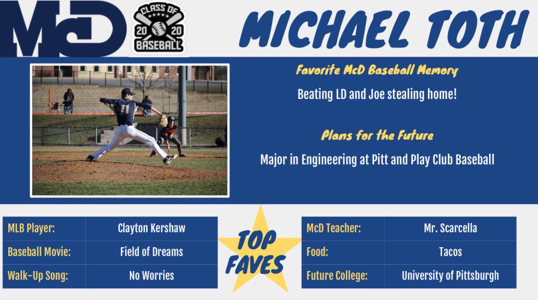 McDBaseball1's tweet photo. Congratulations & best wishes to Michael Toth! #McDPride #Seniors2020 https://t.co/ZBE7I0tBaG