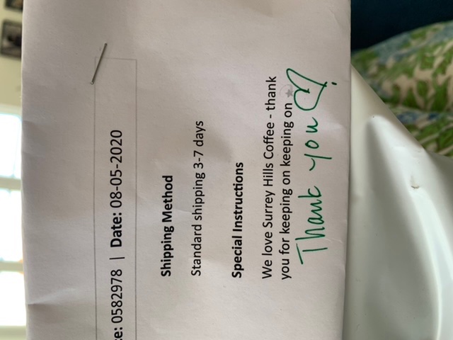 EmmaWestSol's tweet photo. Ran out of beans for the coffee machine this morning (😱) so ordered a bag of Box Hill blend from @Surreyhillscoff - expecting it to arrive next week - IT WAS HAND DELIVERED 3 HOURS LATER!!!!! 🚀🌈🥳 https://t.co/Xdru080Y5g