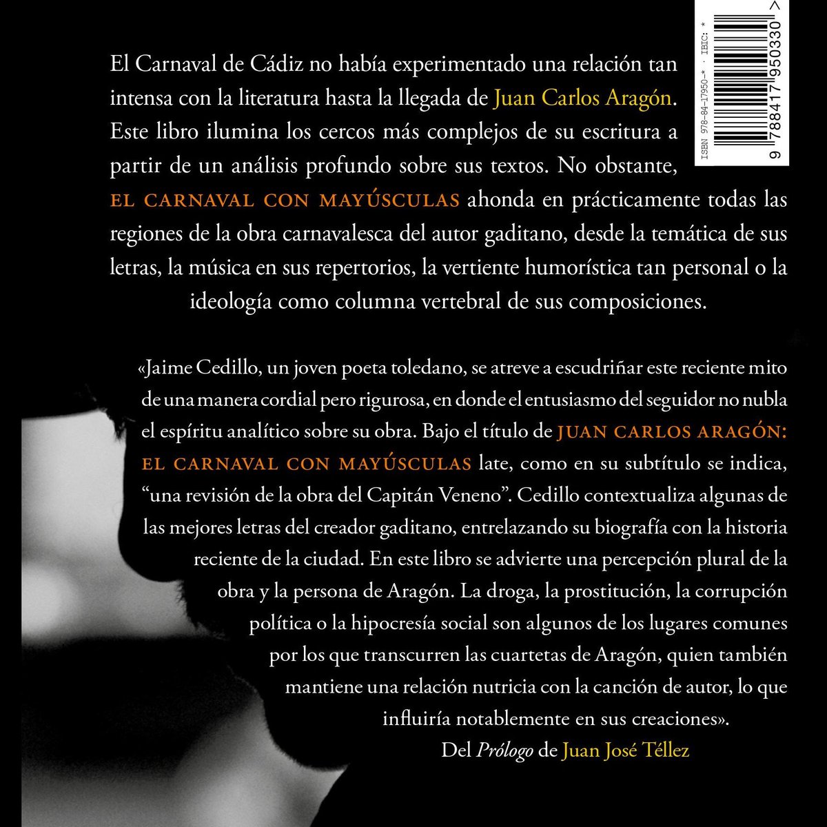 Aquí tenéis la CONTRAPORTADA del próximo libro sobre el Capitán Veneno, "Juan Carlos Aragón: El Carnaval con mayúsculas".
La foto es obra de <a href="/ergitanito/">Gitanito Fotografía (Jesús Ruiz Jiménez)</a>. En ella se incluye un fragmento del prólogo de <a href="/jjtellezrubio/">Juan Jose Téllez</a>.

La semana que viene, la portada del libro será vuestra.

Salud
