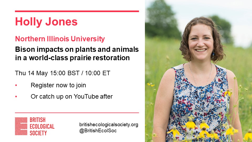 Register now for the <a href="/BritishEcolSoc/">British Ecological Society</a> #EcologyLive talk tomorrow at 15:00 BST. Hear <a href="/AER_ESE_BES/">Applied Ecol. Resources|Ecol. Solutions & Evidence</a> Lead Editor <a href="/DocHPJones/">Holly Jones</a> talk about bison impacts on plants and animals in a world-class prairie restoration: zoom.us/webinar/regist…