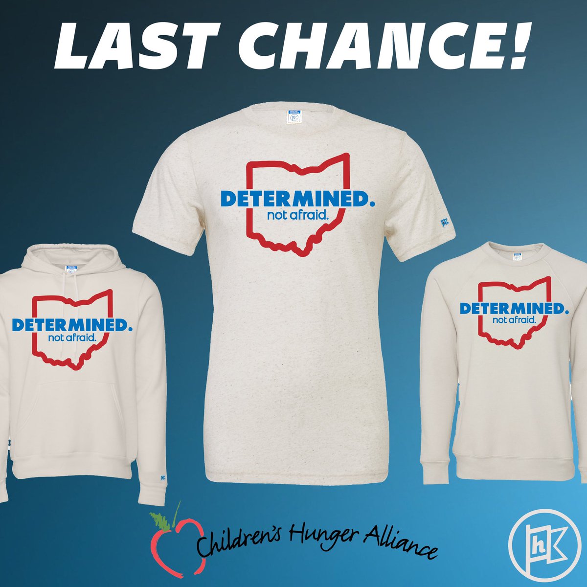 OriginalHustle_'s tweet photo. LAST CHANCE!  Today is your last chance to help feed a hungry child by purchasing our "DETERMINED. not afraid." tee!

Sales close at midnight TONIGHT, snag one now before it's too late! https://t.co/EHBSyZZU4d