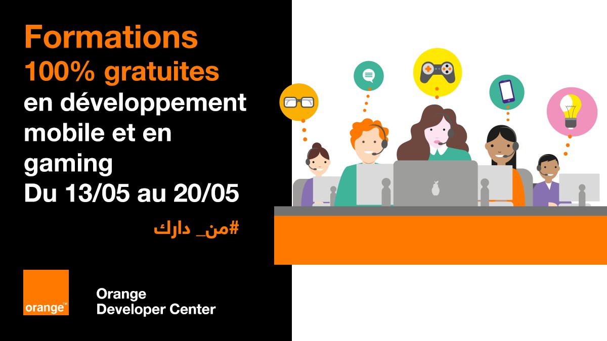 OrangeTN_Plus's tweet photo. Nos experts vous proposent du 13 au 20 mai 2020 à #OrangeDeveloperCenter des ateliers de formation à distance gratuits en développement mobile et gaming. Développez vos compétences et améliorez vos connaissances depuis chez vous ! من_دارك# Lien : https://t.co/yDGu1pm6yW https://t.co/diiM7SRjH9
