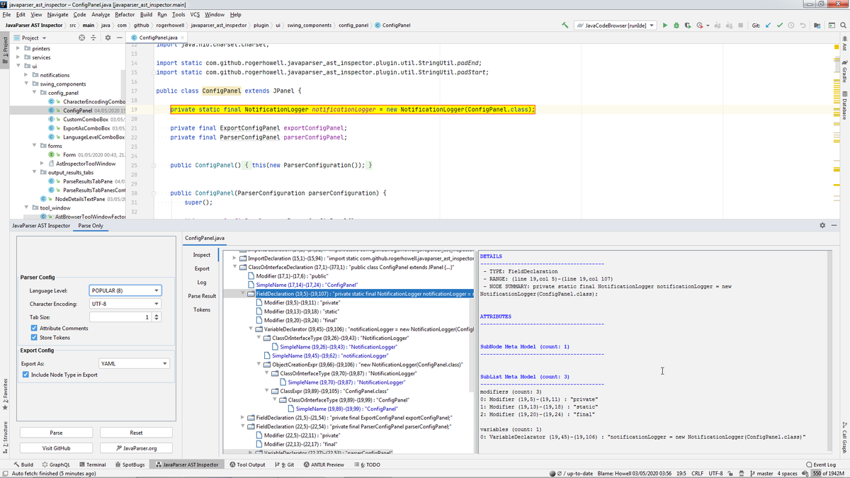 MysterAitch's tweet photo. Well... This is exciting - my first @jetbrains plugin has been uploaded and approved for general availability!
Make use of #JavaParser to visually analyse the structure/AST of your source code :)
https://t.co/g9ZzZa15Dn https://t.co/WjQTdqUsQg