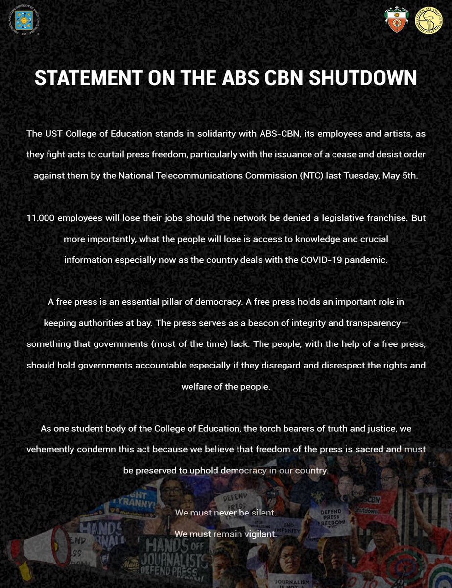 UST_CESC's tweet photo. We are torch bearers of truth and justice; we will fight for what is good and right.

#NoToABSCBNShutdown
#DefendPressFreedom
#RaiseYourTorch https://t.co/EjNPcac0t8