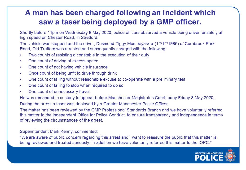 gmpolice's tweet photo. #CHARGED | A man has been charged following an incident which saw a taser being deployed by a GMP officer. https://t.co/n2rkVAIeuK