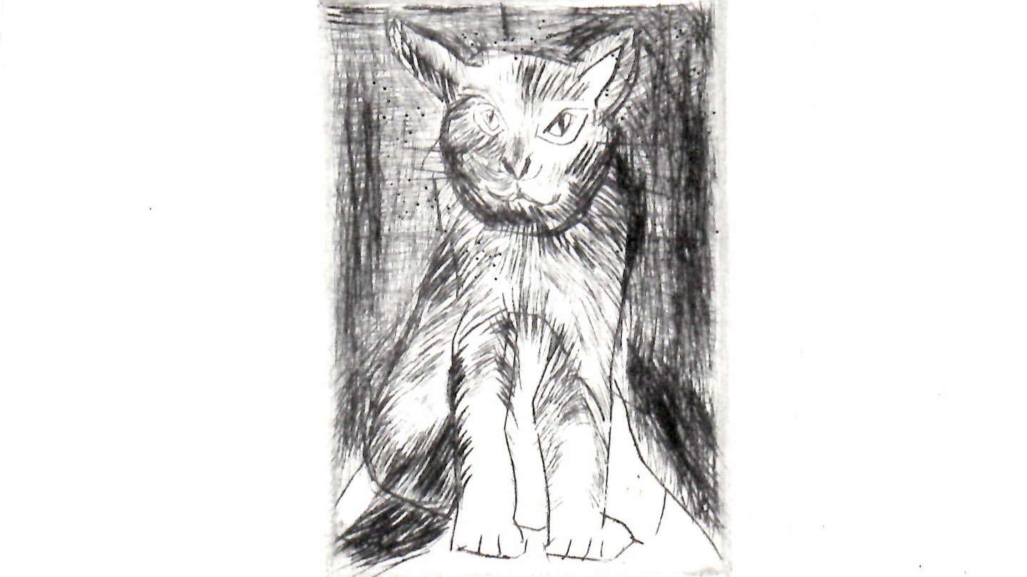 絵画1690【見上げる猫】一筆描きドローイング原画