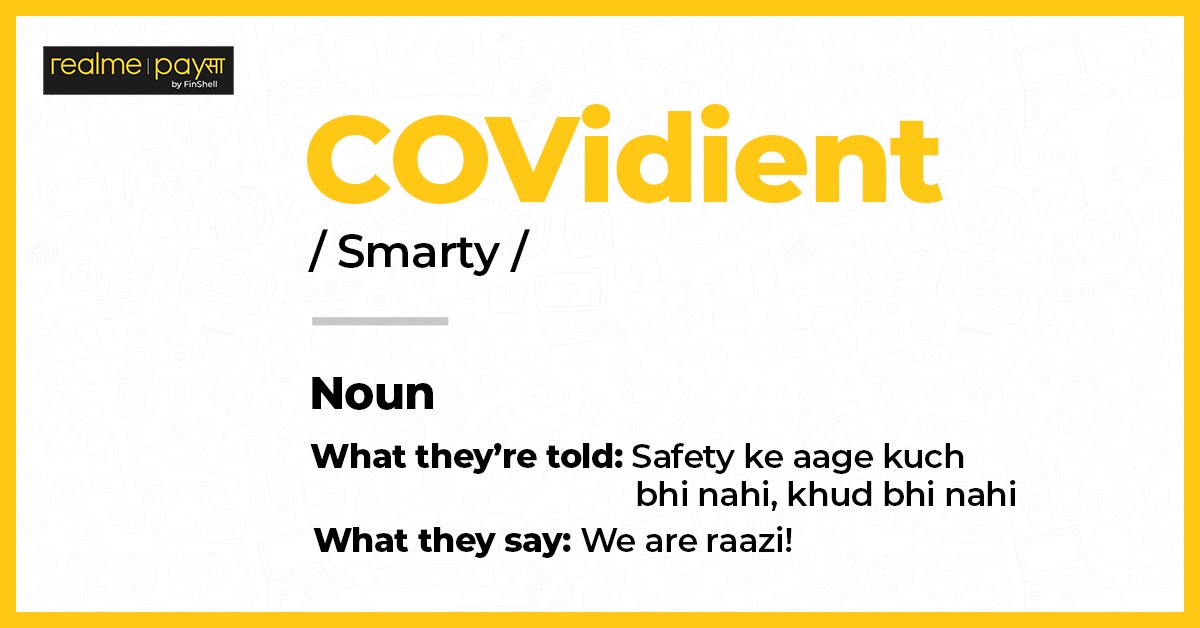 realme_PaySa's tweet photo. Be like a Covidient, follow the rules, stay in &amp; stay safe! Sending a jaadoo ki jhappi to all Covidients out in there! 
#realmePaySa #LockdownLingo #Stayhome #Staysafe #Lockdown #Covidient https://t.co/Ko6bRyL3Co