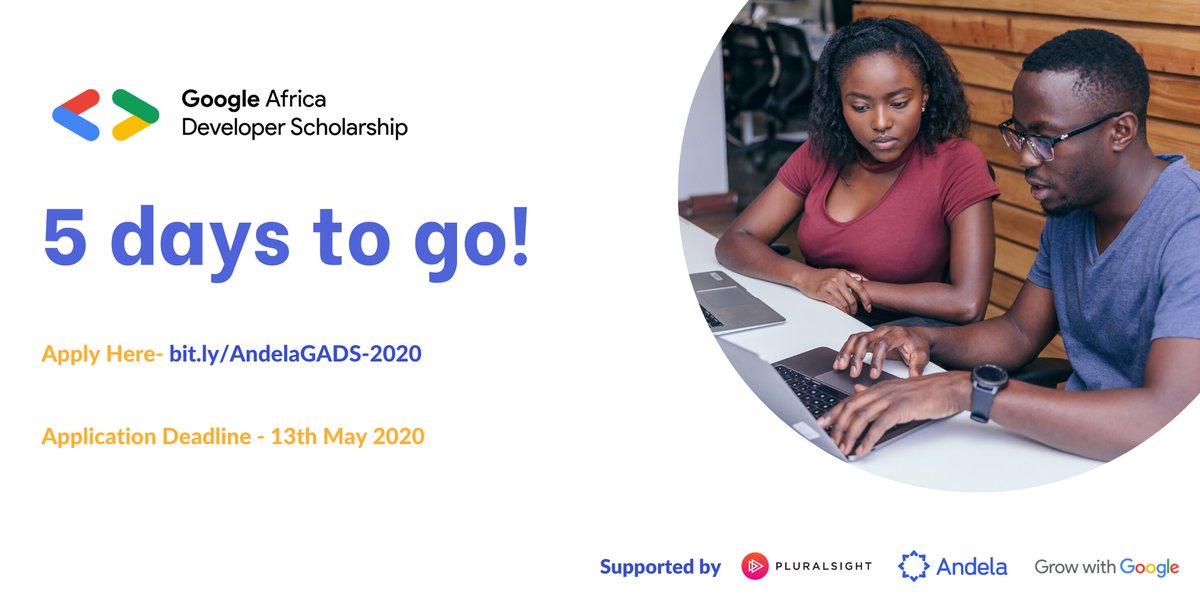 Applications into the #GADS2020 program will close in 5 days.  If you haven't applied to be part of it, you can still do so, visit bit.ly/AndelaGADS-2020

This is a great opportunity to build your technology skills. Remember to share this with people who may be interested.