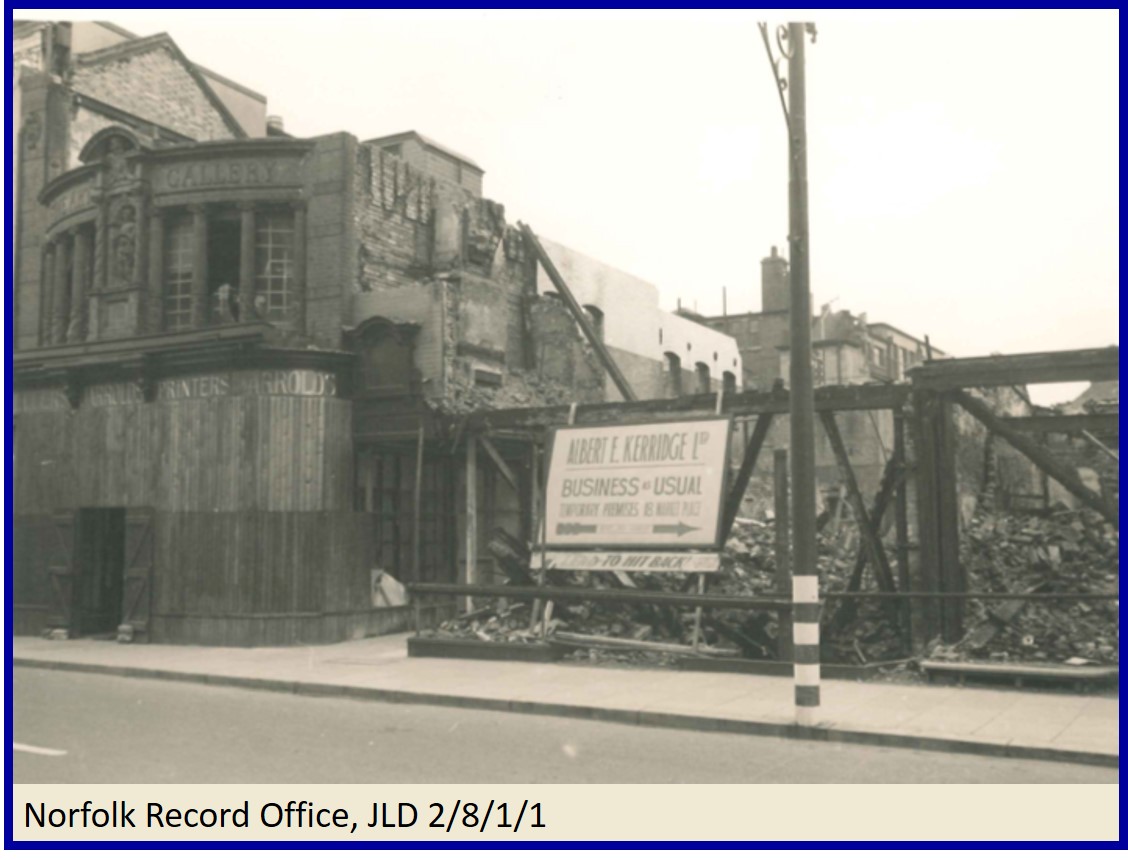 NorfolkRO's tweet photo. WW2 bomb damage to Jarrold’s Department Store in Great Yarmouth, with sign saying that Albert Kerridge’s business has reopened at the Market Place #VEDay75 #rememberingww2 #Victory75 @JarroldNorwich https://t.co/HYmQHstmLL https://t.co/r1nwiEACER