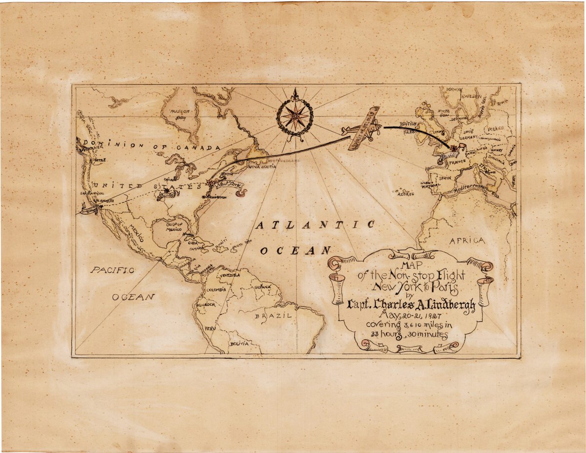 bostonraremaps's tweet photo. A charming manuscript map celebrating the epochal 1927 trans-Atlantic flight of Charles Lindbergh.

 #aviation #flight #Manuscript #mapporn #cartography #map #maps #raremap #raremaps #oldmap #oldmaps https://t.co/Z5kssck66L https://t.co/b05QFLyIUs
