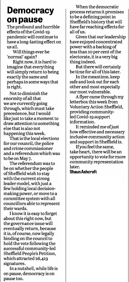 ItsOurCitySheff's tweet photo. "Democracy on pause": Great letter in The Star about the importance of community representation and improving local democracy in Sheffield Council. "When the democratic process returns, it promises to be a defining point in Sheffield's history" #SheffRef20 https://t.co/BhiNKrDoj8