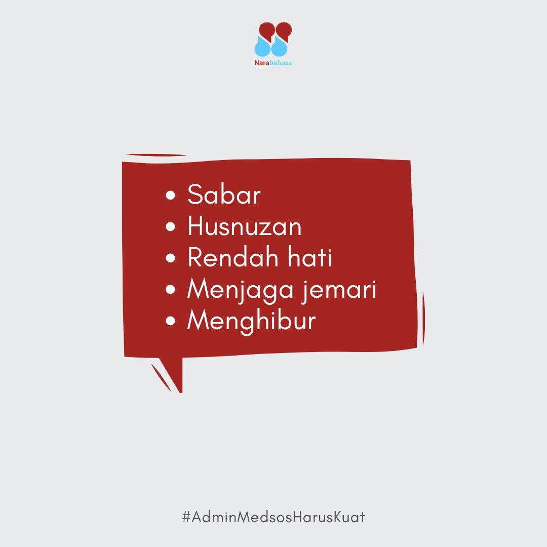 narabahasa's tweet image. Sabar menghadapi warganet yang mahabenar merupakan keterampilan nonteknis utama yang mesti dikuasai oleh admin media sosial. Tarik napas dalam-dalam dan dengarkan musik yang meneduhkan kalau emosi Anda sudah terpancing.

#adminmedsosharuskuat #warganet