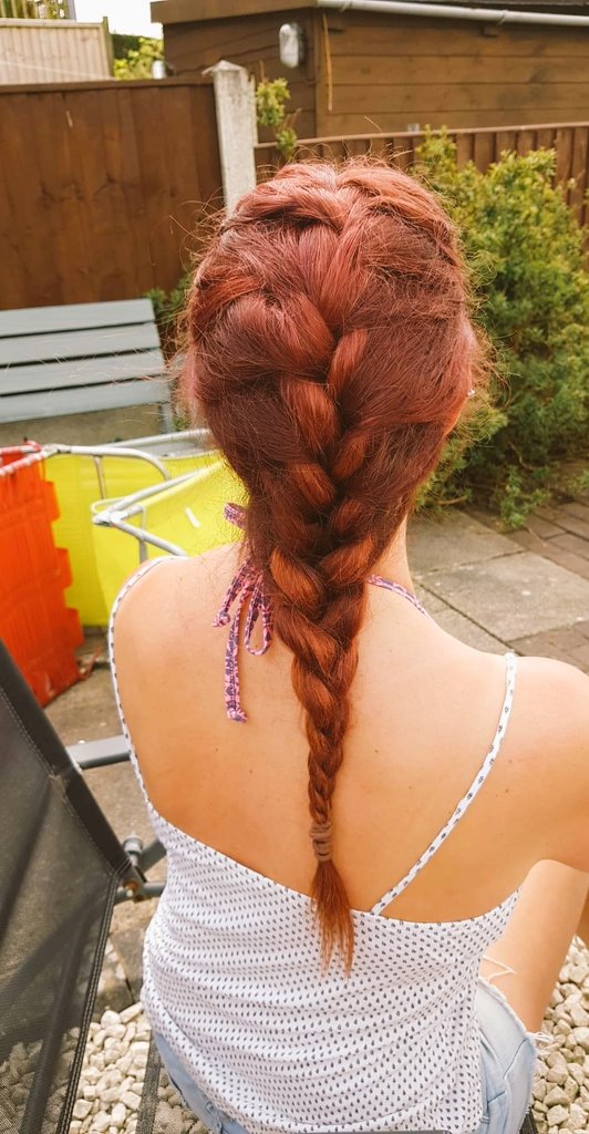 Lady_Flowerpot's tweet photo. First attempt at french plaiting my own hair...except Andy did the bottom bit because my arms were aching π€£π€£ #needmorepractise https://t.co/cl2ZE99d6l