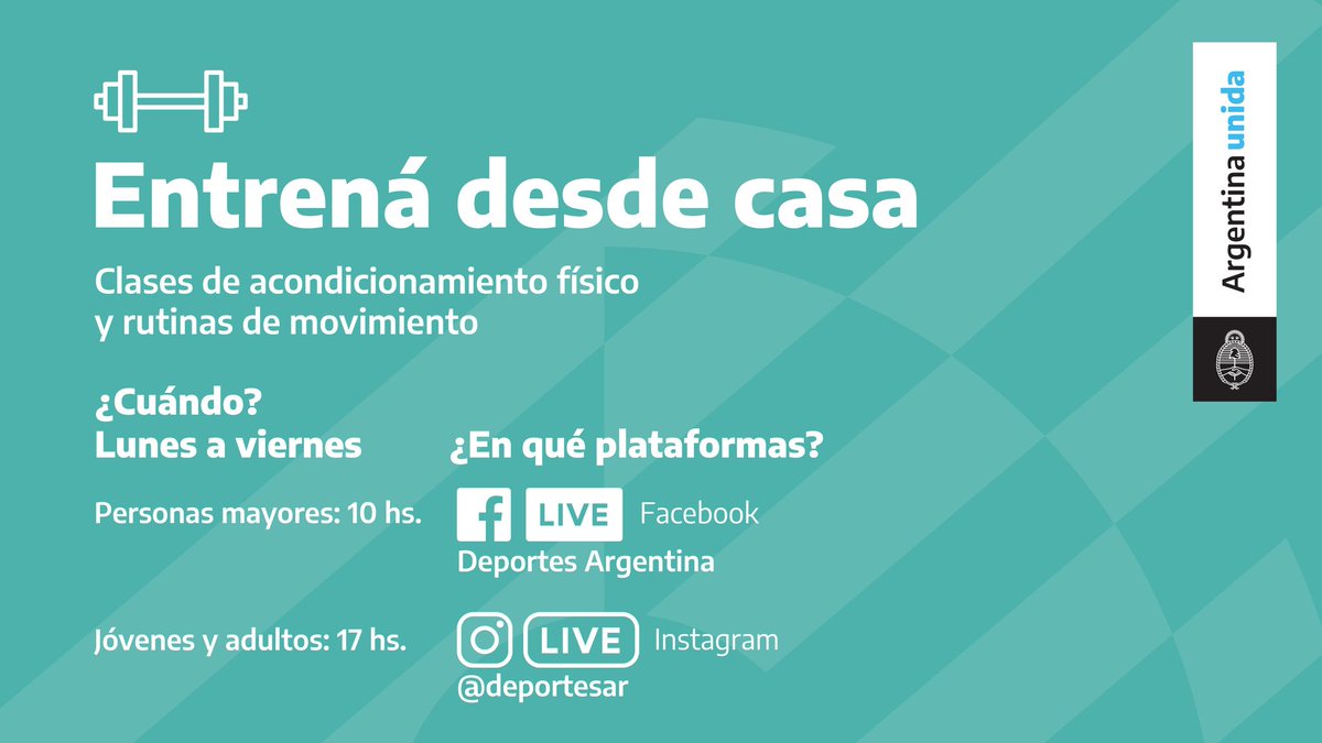 DeportesAR's tweet photo. #EntrenáDesdeCasa ¡No te pierdas la ultima clase de la semana con los profesores del CeNARD!

Rutina de movimiento para personas mayores en facebook live a las 10 y clase de acondicionamiento físico para jóvenes y adultos en Instagram live a las 17.

#CuidarteEsCuidarnos https://t.co/JaNy96ATqR