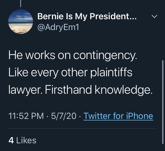 nevbav's tweet photo. @AdryEm1 @Patta47cake @PhilipWegmann Has 2B a fake account.
Says they R a corp lawyer in their profile then says something insanely stupid about a lawyer being paid in contingency...when no civil suit has been filed.
If Reade lawyer isn’t being paid(doubtful), they would be working pro bono.
#fakeAccount
#bernieBot https://t.co/XXOQ9EG2mH
