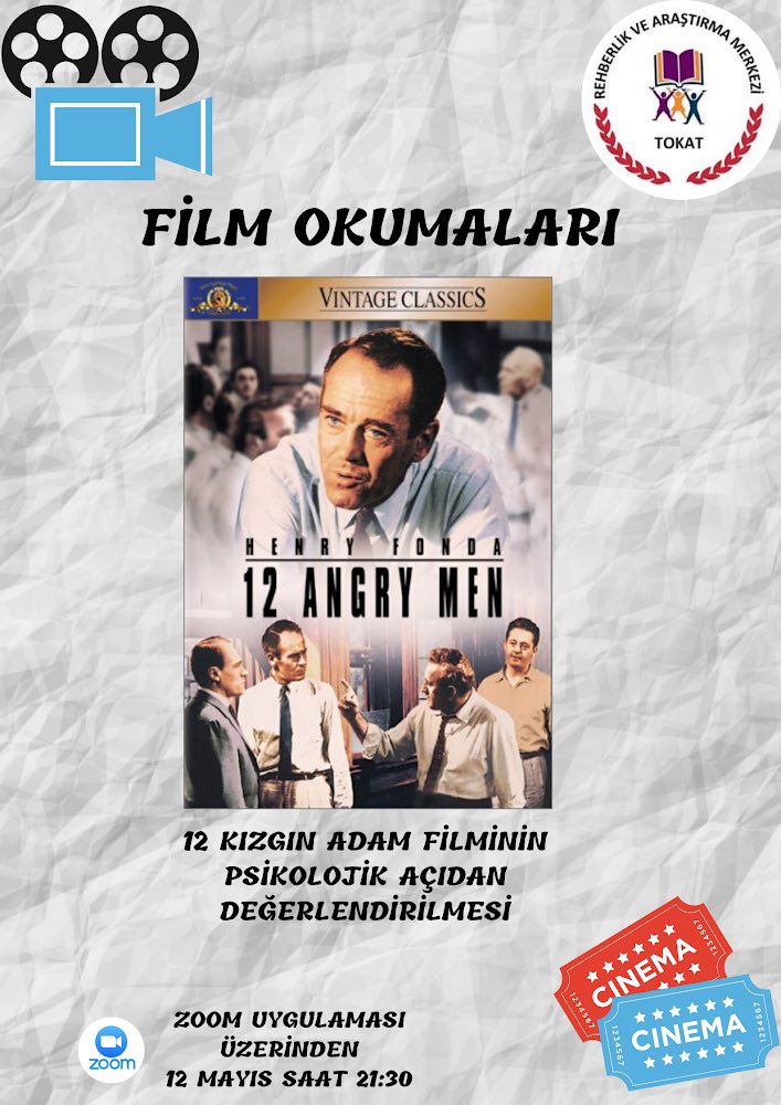 FİLM OKUMALARI 🎞 
Kıymetli arkadaşlar  her hafta izlediğimiz bir filmi bir araya gelip Zoom uygulaması üzerinden kritik yapıp değerlendirelim istiyoruz.

Bu haftaki ilk filmimiz; 
“12Kızgın Adam”
@Murat4Kucukali  

#tokatmem #12kızgınadam #filmokumaları #psikoloji #film #sinema