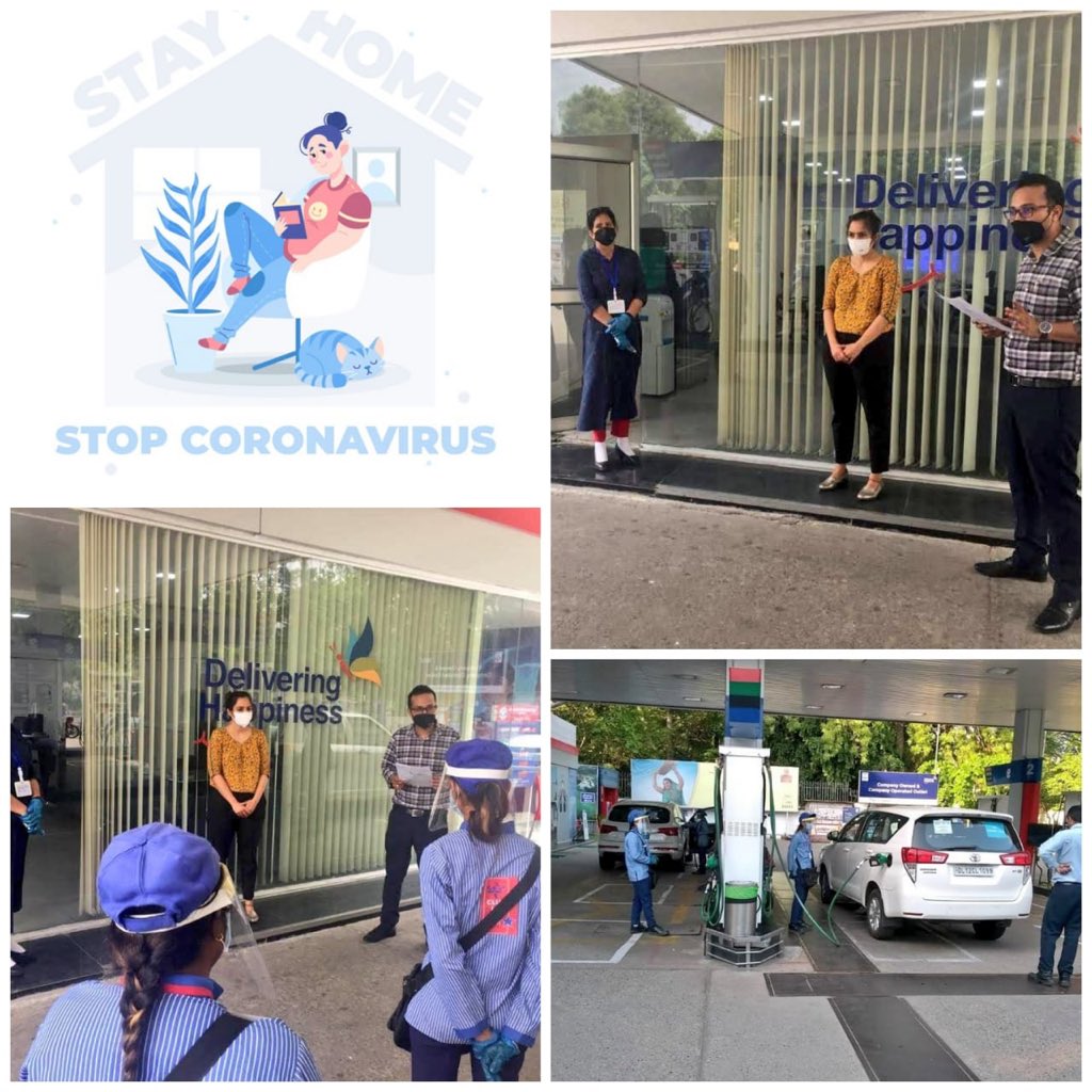 HPCL's tweet photo. Safety measures are essential in the fight against Covid19. The team at our flagship retail outlet ACC, Chanakyapuri #NewDelhi being trained to ensure #HealthForAll by adhering to #Covid_19 SOP #IndiaFightsCorona https://t.co/C0n7qRIkGT