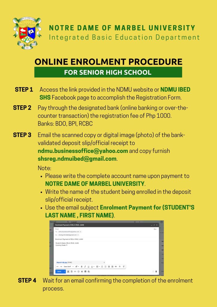 dgreatren17's tweet photo. Heads up Marista!, NDMU IBED -SHS Online enrolment schedule and procedure.

For online enrolment, please wait for the link to be posted at the Official NDMU SHS Facebook Page. https://t.co/S7Alv5wczP