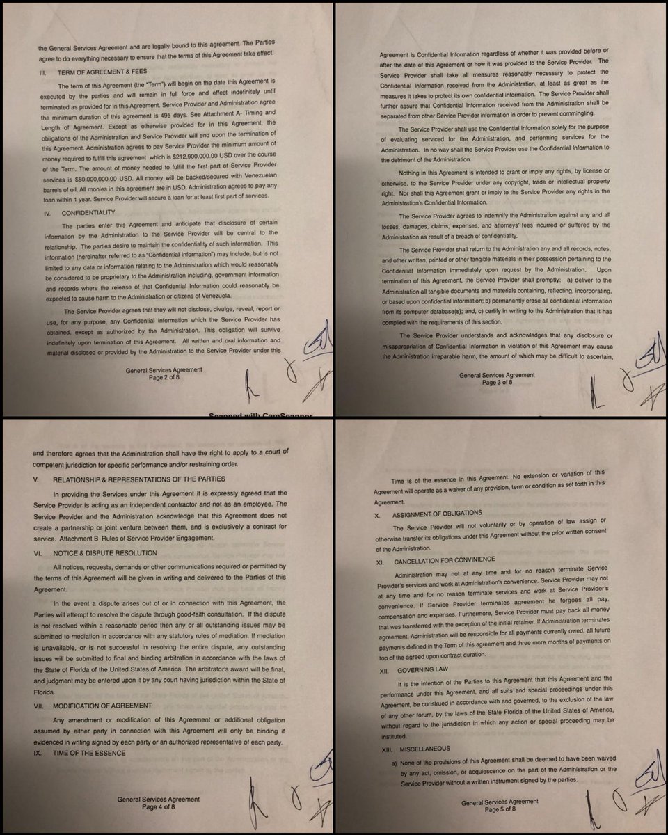 Silvercorp a signé avec plusieurs dirigeants de l'opposition vénézuélienne, dont Juan Guaido, président autoproclamé, un contrat de 213 millions de dollars pour mener à bien l'opération.Si Guaido nie tjrs avoir signé ce papier, son conseiller J.J. Rendón, l'a confirmé à CNN.