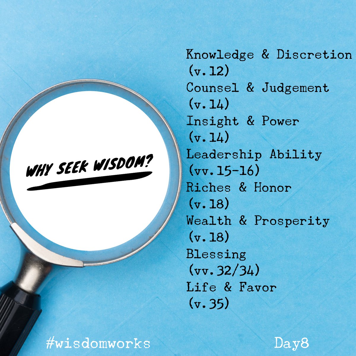 taylorgroup3's tweet photo. Proverbs 8:1 Does not wisdom call out? Does not understanding raise her voice? 

Do you still need a reason to answer the call the seek wisdom. Here’s a few from Proverbs 8. #wisdomworks Day 8 https://t.co/w4GEpxYKij