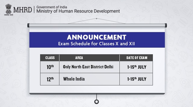 EduMinOfIndia's tweet photo. 📣Attention students!

Dates for the remaining #CBSE Exams of classes 10th and 12th have been fixed between 1.07.2020 &amp; 15.07.2020. 

All the best.
#StudyWell #StaySafe https://t.co/O3EtTlo90n