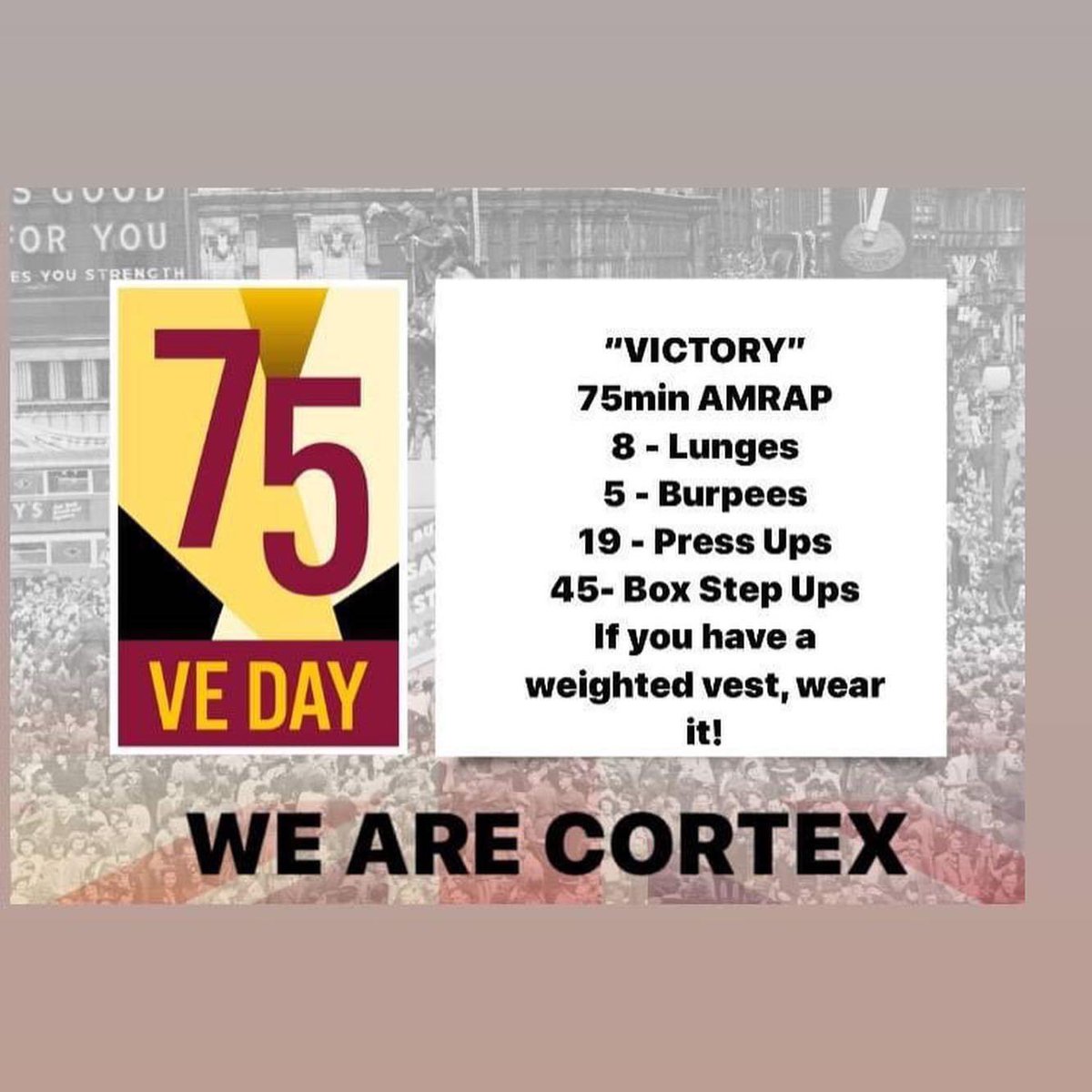 NiamhLashbrook's tweet photo. #VEDay #Victory75 WOD completed online with our awesome CrossFit community #teamcortex. #warriorspirit #crossfituk #VEDay75 #royalairforce #royalmarines https://t.co/8lMngFhFxk