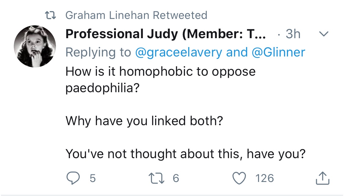 graceelavery's tweet photo. cw homophobia, child abuse, Linehan

I hate to do this again, but Linehan has now stepped up his campaign against me, and dozens of his supporters are now in my mentions accusing me of being a pedophile. Please, once more, report this deranged man. https://t.co/vapopIpZjA