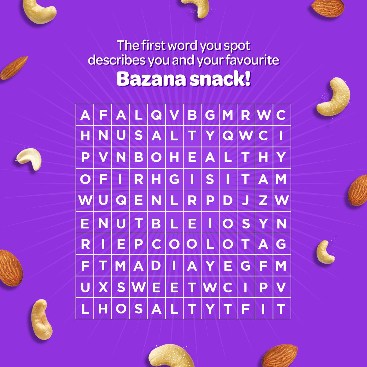 BazanaSnack's tweet photo. It’s like buzz at first sight!

Comment the word you spotted first and tag your friends too!

#FunAndBuzz #HealthySnacks #HealthyMunch #HealthyCrunch #RoastedCrunch #RoastedSnack #Buzz https://t.co/vOUi5e4XAM