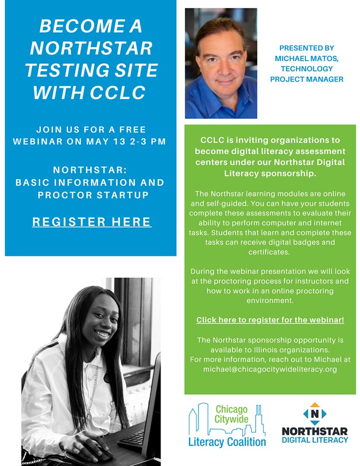 Bring #Digital &amp; #equity to your #Community!Help #Digital #Literacy in #Chicago!

Join @ChiCityLiteracy's #Technology Project Manager <a href="/mmatos02/">Michael Matos</a> for a <a href="/NorthstarDigLit/">Northstar Digital Literacy</a> Live Webinar! Become a "Digital Literacy Assessment Center" 

May 13th at 2pm-3pm

RSVP: myemail.constantcontact.com/LITERACY-BEAT-…