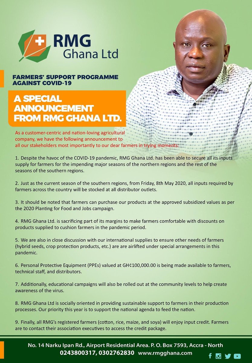 RMGcommodities's tweet photo. RMG Ghana Ltd. has announced its Farmers' Support Programme geared towards supporting farmers in the #COVID19 pandemic. Take advantage of these opportunities and share the information with family and friends. #SupportFarmers https://t.co/J4JslR2h2l