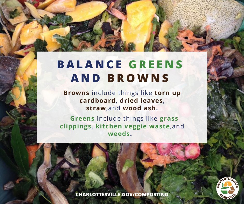 CvilleCityHall's tweet image. Wrapping up #internationalcompostawarenessweek with a few final composting tips: 
Let your pile B R E A T H E
Balance your greens and browns 
Small pile? Use a coffee can! 
Remember: the perfect compost is not too wet or too dry. 
#SoilLovesCompost🌱