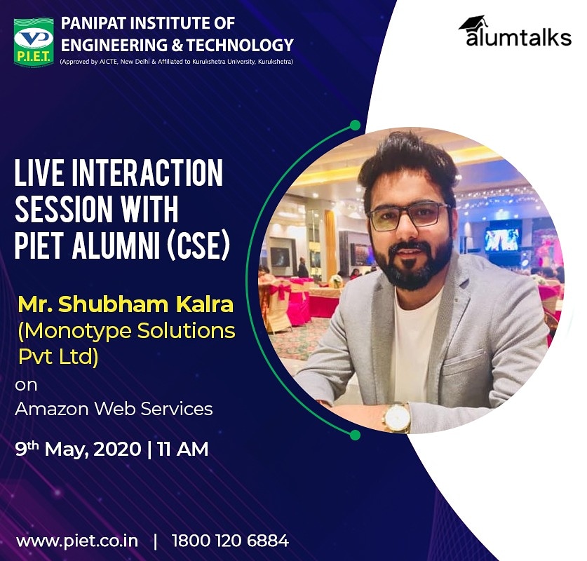 PIETPanipat's tweet image. Learn from experts. PIET is organizing the  alumni interaction program with Mr. Shubham Kalra working in Monotype Solutions Pvt Ltd. 
The purpose of this session is to educate students about AMAZON WEB SERVICES.
#PIETAlumni #PIET #InteractionSession #AmazonWebServices #amazon