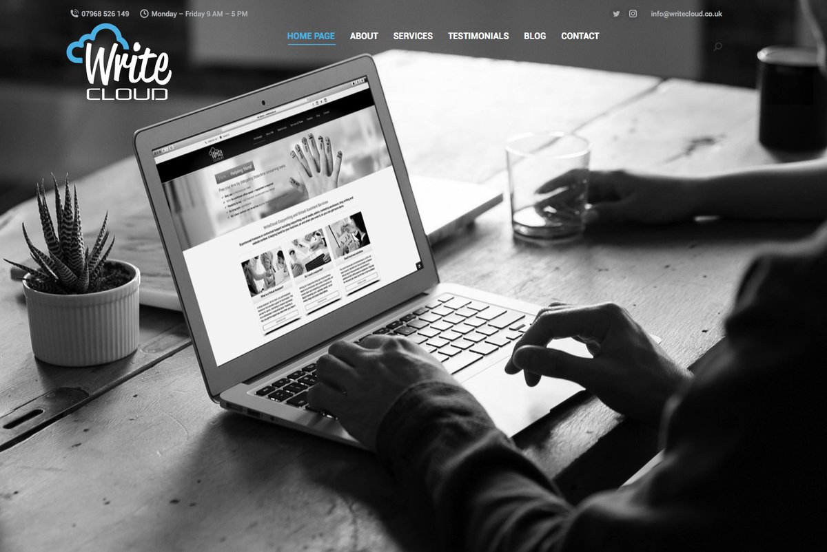 A perfect example of our website in a week, a pre-designed framework customised to your existing branding, or we can look at your branding too if it's needed.

Take a look at: writecloud.co.uk