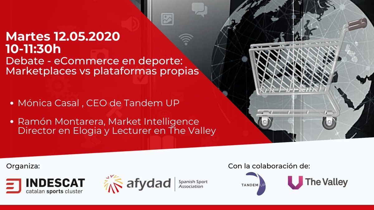 AFYDAD's tweet photo. Te esperamos el 12/05 en el webinar que organizamos junto a @indescat: #ecommerce en #deporte: #marketplace vs plataformas propias". 
Con @moncasal de @Tandem_UP y @ramonmontanera de  @TheValleyDBS
Inscripciones:  admin@afydad.com https://t.co/77HyTgjpnR