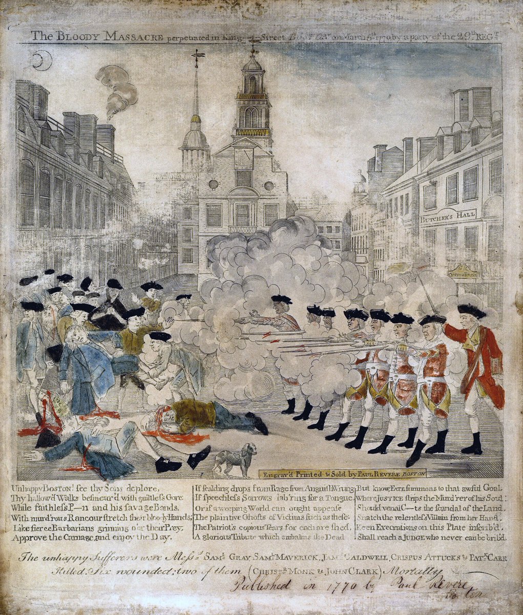 the Old State House was, as it happened, where things really started to go to shit when, in the square in front of it in 1770, British soldiers shot a bunch of townspeople. here it is, depicted in an engraving by inescapable Boston figure Paul Revere: