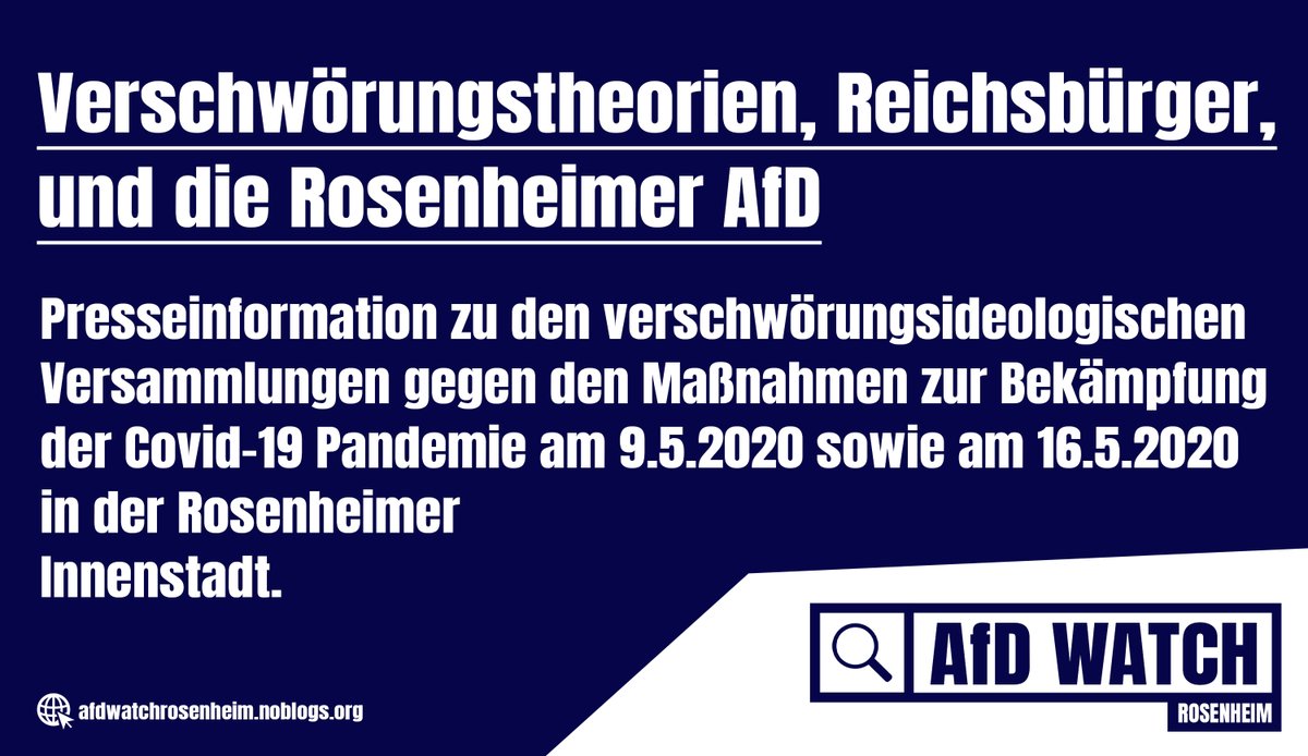 AfDWatchRo's tweet photo. Für den morgigen Samstag (9.5.20) sowie dem folgendem (16.5.20) sind in #Rosenheim verschwörungsideologische Versammlungen angekündigt, an denen sich auch #Reichsbürger sowie Politiker der #noAfD beteiligen wollen. 

Mehr dazu in unerer Presseinformation:

https://t.co/ho3BHVksH5 https://t.co/77RIvAZiEa