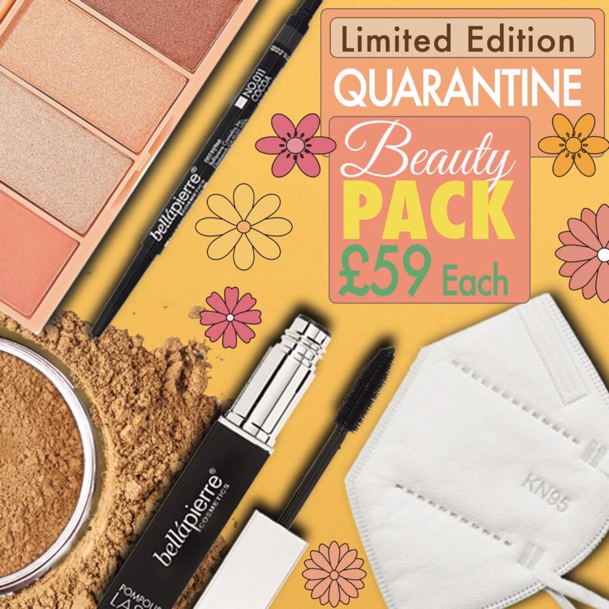 Quarantine Beauty Pack: Mineral Foundation, TwistUP Brow Pencil, Peach Blossom Palette, Pompous Lash Mascara, KN95 Mask ✨ worth over £120!