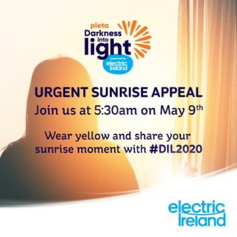 Please take part in the Darkness Into Light Sunrise appeal tomorrow (Sat) for @pietahouse, supported by @electricireland. Just watch the glorious sunrise at 5am &amp; make a donation. I nominate <a href="/TPDGriffiths/">Tim Griffiths</a> <a href="/JohnUrch/">John Urch</a> <a href="/Cawlster/">Sylvia Cawley</a> <a href="/davidmcw/">David McWilliams</a> @LiamMacker #DIL2020