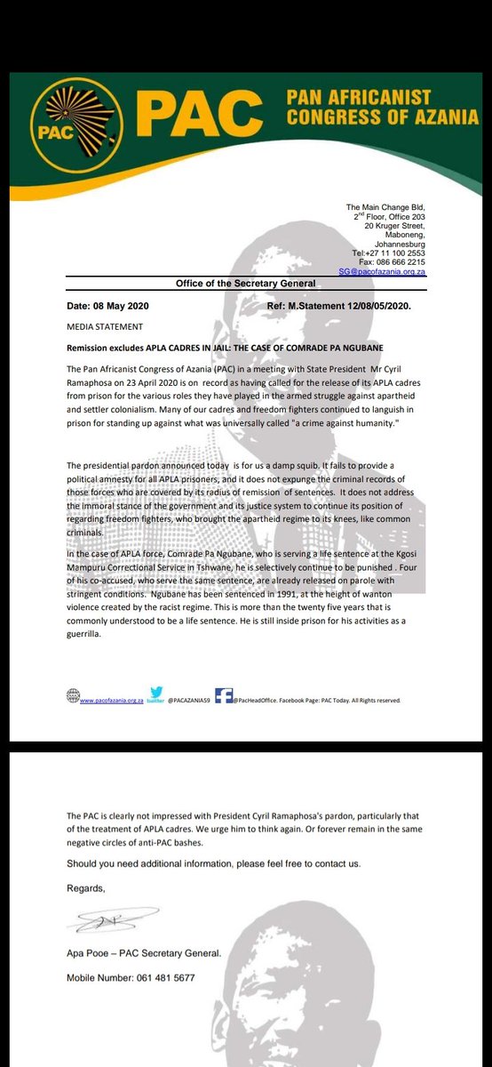 [MEDIA STATEMENT] 
PAC REACTION TO THE RELEASE OF PRISONERS. <a href="/apapooe1/">Apa Pooe</a> <a href="/RonaldLamola/">Minister: International Relations and Cooperation</a> <a href="/DOJCD_ZA/">The DoJ & CD</a>