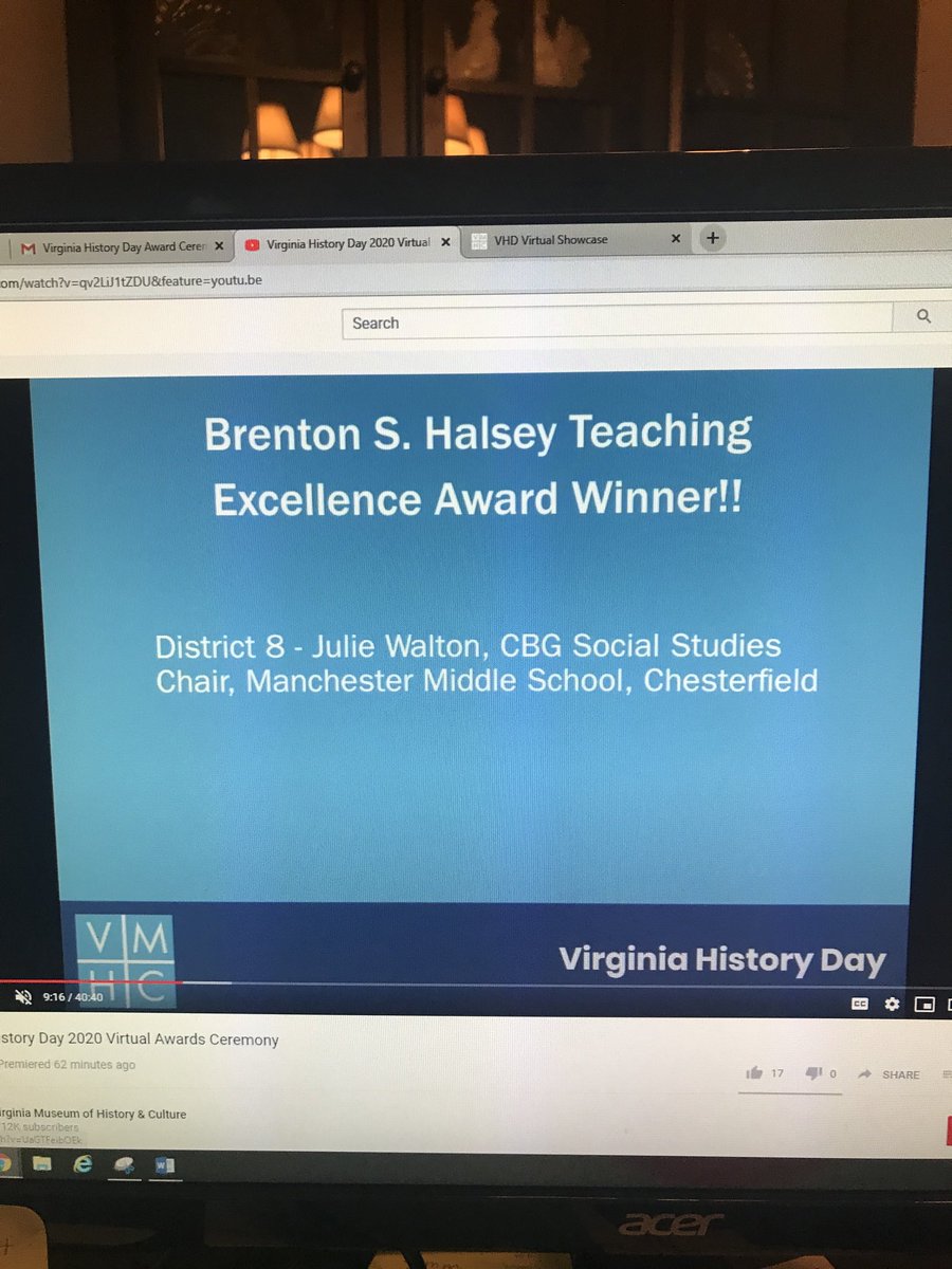 Lynnebland's tweet photo. A special congratulations to Manchester MS tchr Ms. Julie Walton for receiving the Virginia History Day  Brenton S. Halsey Teaching Award...Another  congratulations to Swift Creek MS for winning the History Day Cup for greatest  number of participants. https://t.co/TD9OD23R3t