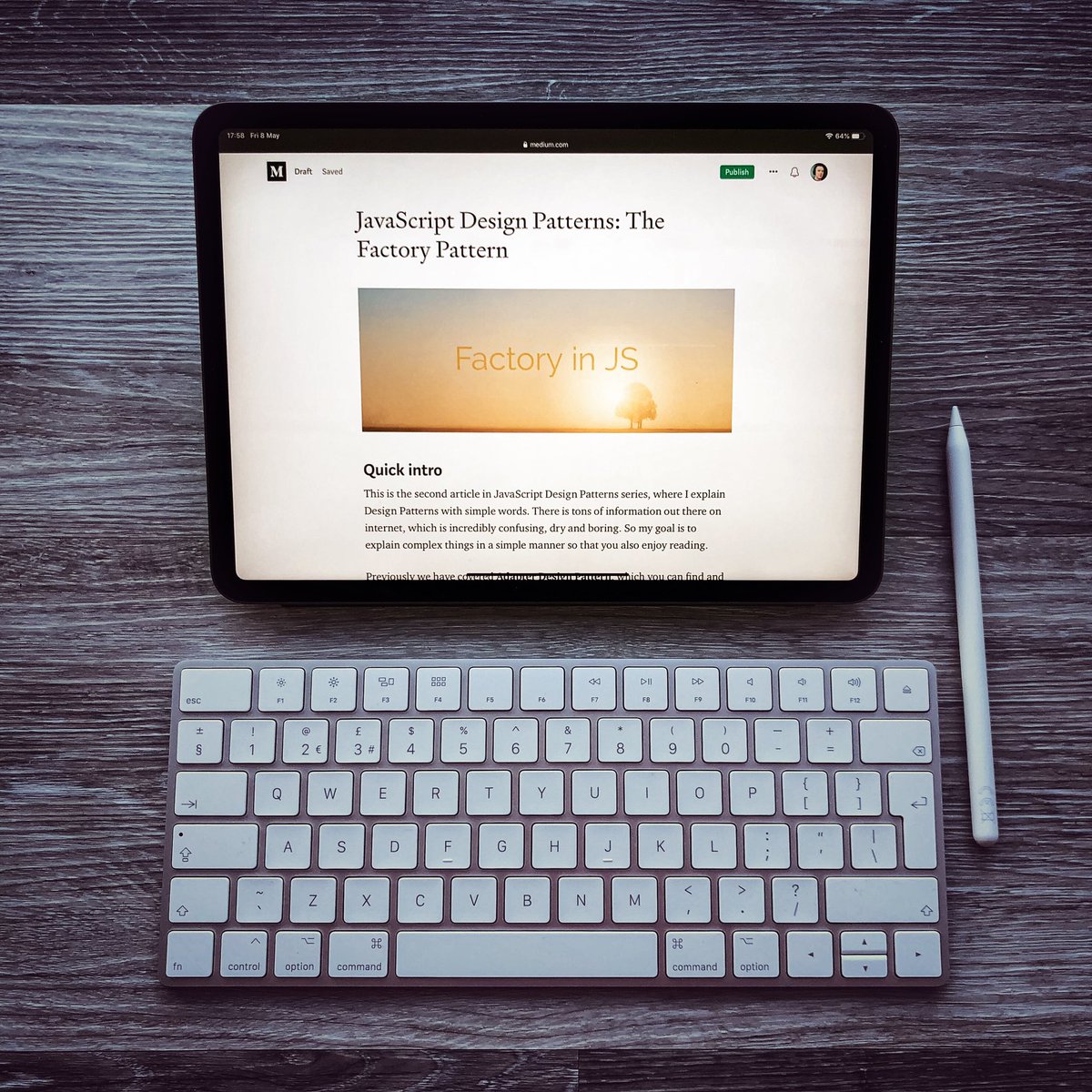 artursfranks's tweet photo. And once again, I am working on another Article about Design Patterns in JavaScript. This time itโs going to be Factory Pattern.
When last time YOU used Factory? Pros & Cons?
#frankcoding #medium #javascript #factory #design #pattern #cleanCode #iPadPro #MagicKeyboard https://t.co/8q2iSMOLk7