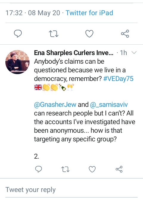 Someone who stalks openly Jewish accounts makes excuses for hunting Jews. We are anonymous because of the Ena's of this world