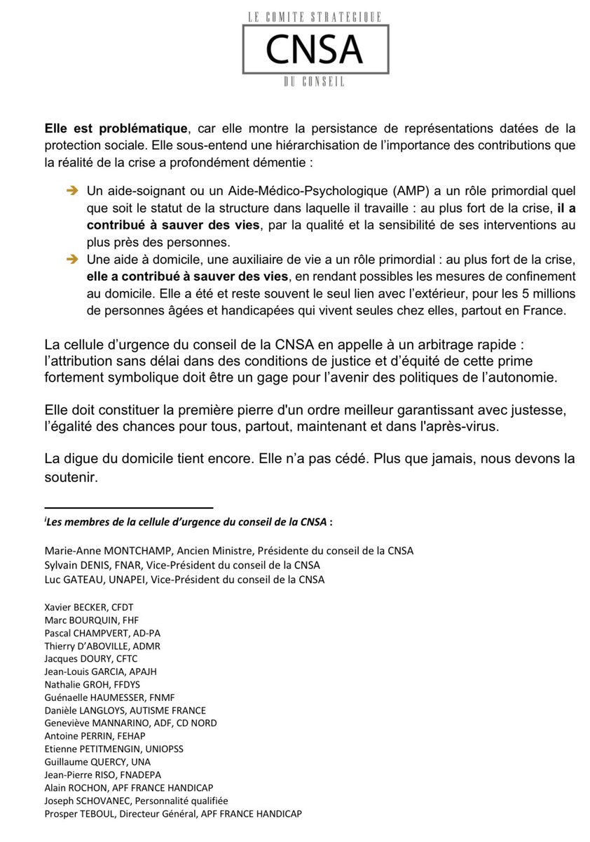 La cellule de crise du Conseil de <a href="/CNSA_actu/">CNSA</a> a souhaité rappeler son attachement à une attribution juste et sans délai de la prime à tous les professionnels du secteur de l’autonomie ! #prime #déconfinement #autonomie !