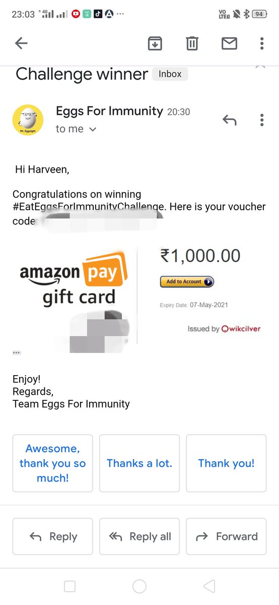 haarveenkaaur's tweet image. @eggsforimmunity  
Thank you so much dear team for selecting me as one of the winner.  Received the voucher 😊
#EatEggsForImmunityChallenge