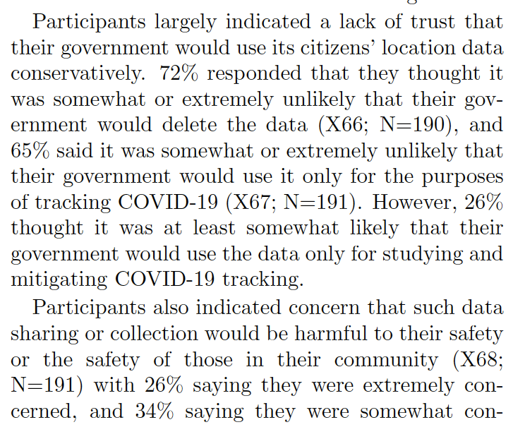 It mattered to participants who was behind the effort (Google, UN, etc.) and whether data was to be shared with government. There was a notable dearth of trust in the government to limit what I would characterize as secondary use or mission creep. 3/