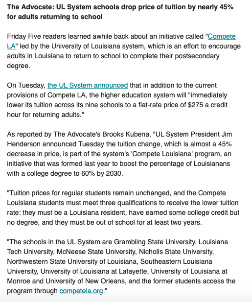 DFERLouisiana's tweet photo. UL System schools drop price of tuition by nearly 45% for adults returning to school: https://t.co/BeGDUlNBYT #LaEd #CompeteLA #FridayFive https://t.co/RE85xOv3n0