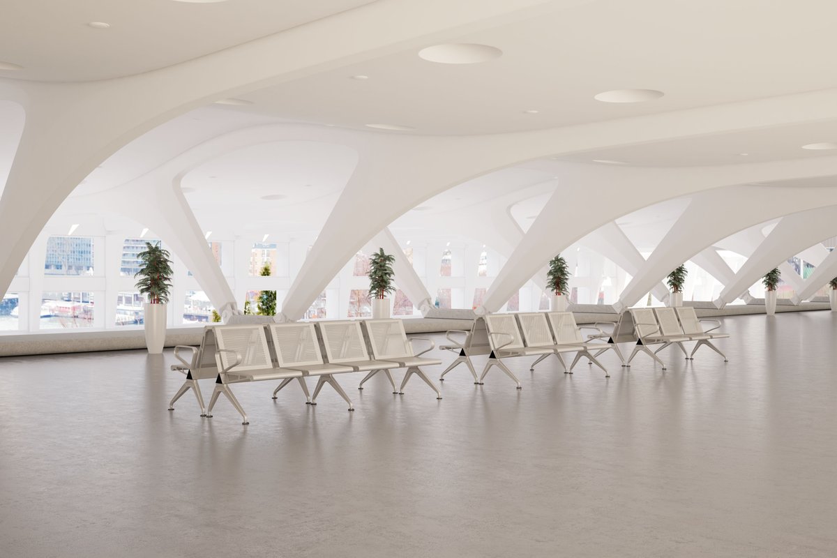 3D render of Bench seating in an airport scene. Simple and inviting.@3drenderbot  #3drender #bench #seating #benchseating #furniture #airport #furnituredesign #waitingarea #waiting #seating #windows #naturallight #homebusiness #marketing #interiordesign #3dvisualization #business