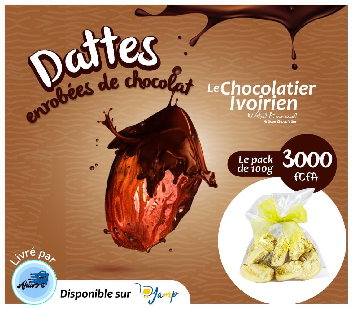ahiwaaa's tweet photo. ⭐⭐ NOUVEAUTÉ ⭐⭐

Offrez-vous et à vos proches les dattes 🍫🥔 enrobées de #chocolat 🤤🤤 sur Yamp 👇🏿: 
https://t.co/u1Wi4EFwZJ

La boutique Yamp de : #LeChocolatierIvoirien.

 #chocolat #CIV225 #dattes #axellechocolatier https://t.co/mFnR91VEAB